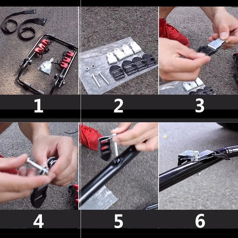 Black and red trunk-mounted car bike rack showing pull belt and tie rope fastening options