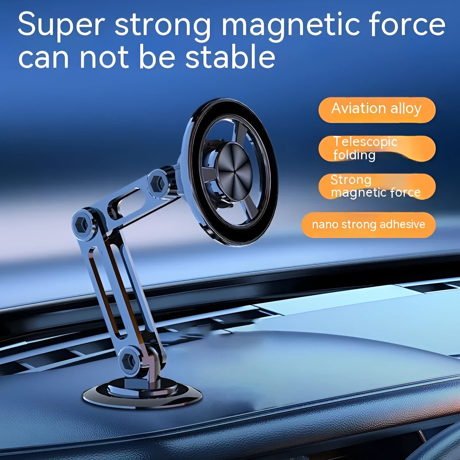 All-metal magnetic car phone holder in black, silver, gold, and rose gold with magnetic rings and adhesive pads.