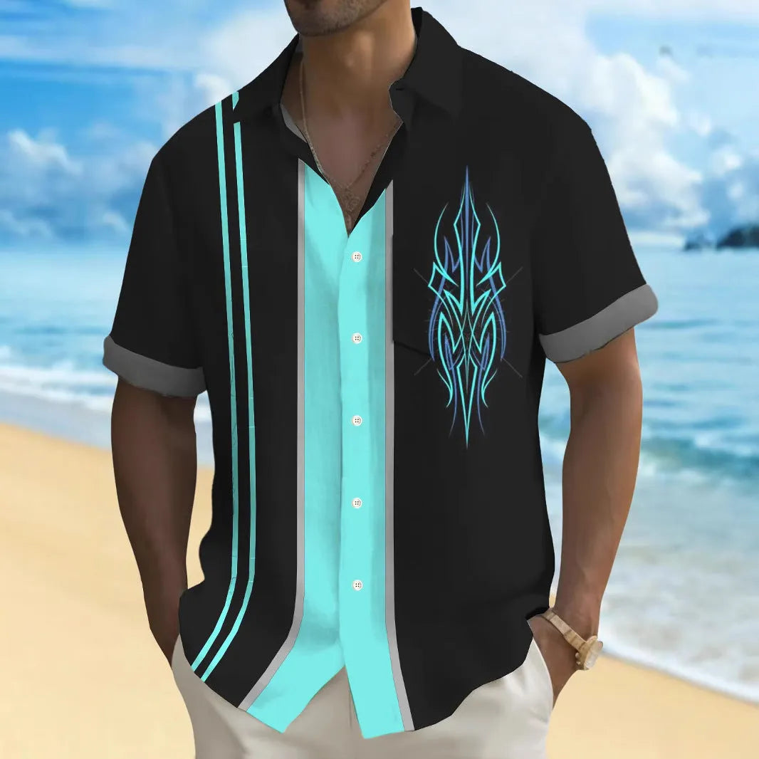 Multicolour printed men's loose fit cardigan-style leisure shirt on hanger