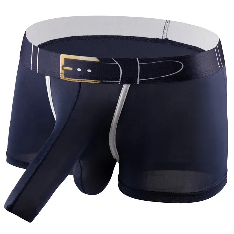 A pair of solid colour men's ice silk boxers laid flat, showing the mid waistband design.