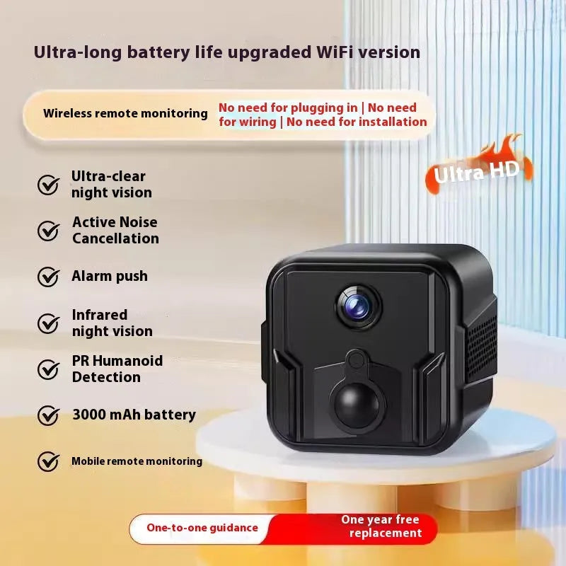 Wireless 360-degree rotating security camera on a stand with HD night vision.