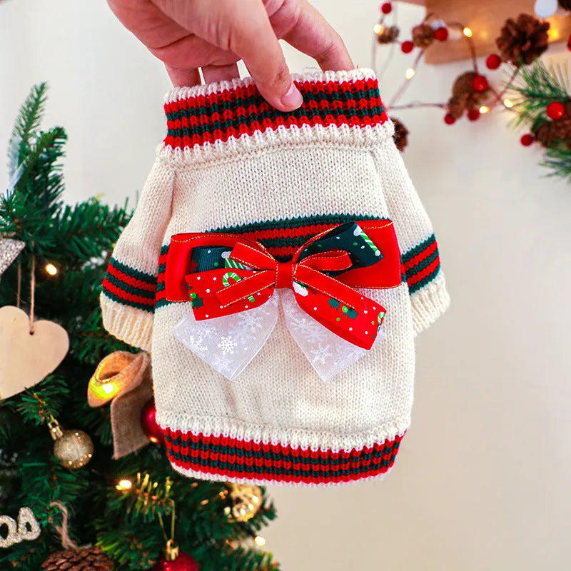 Red and green Christmas dog sweater for small pets with five size options from XS to XL