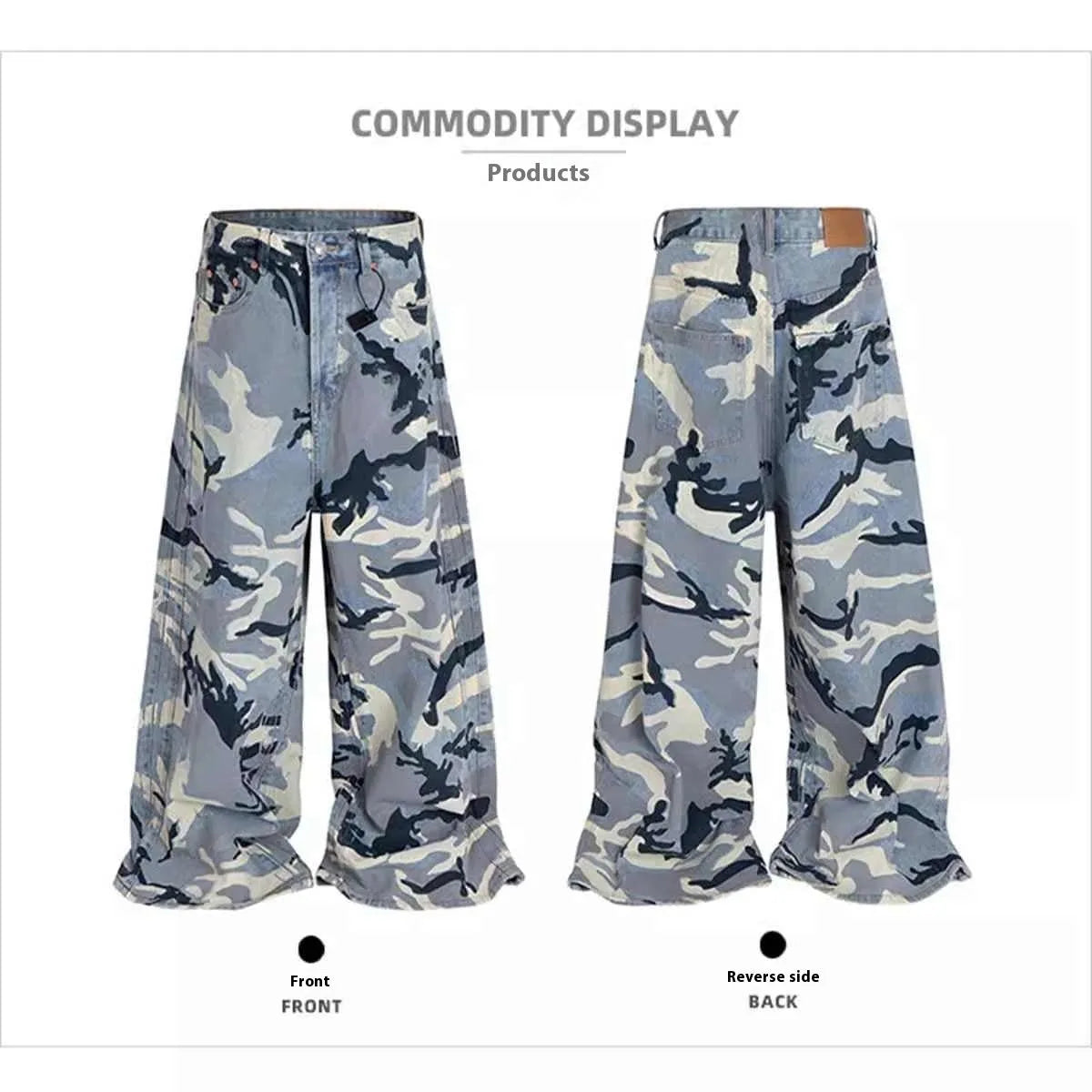 Man and woman modelling loose-fit jeans in a blue snow camouflage pattern with stretch denim fabric.