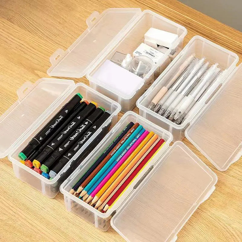 Transparent plastic stationery storage box for pencils and children's art supplies