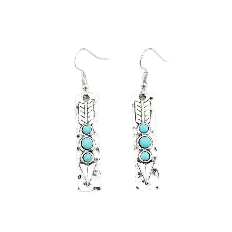 Geometric long strip silver earrings with turquoise inlay, retro design women's costume jewellery