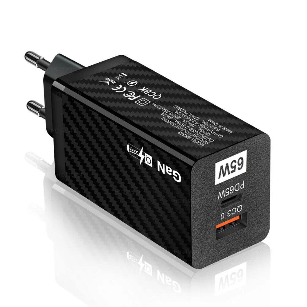 Gallium nitride 65W USB-PD laptop charger in black or white with compact dimensions and regional plug options