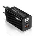 Gallium nitride 65W USB-PD laptop charger in black or white with compact dimensions and regional plug options
