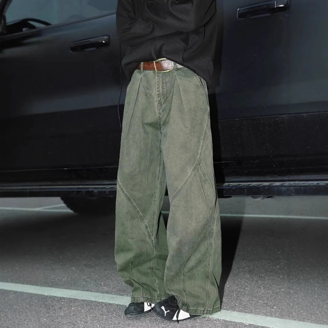 Men's striped pleated trousers with straight leg design in black, brown, or apricot colours
