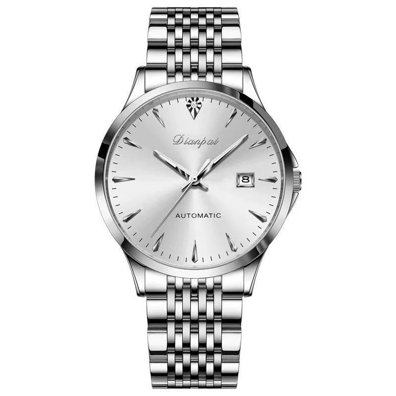 Men's simple dial automatic watch with stainless steel strap and case.