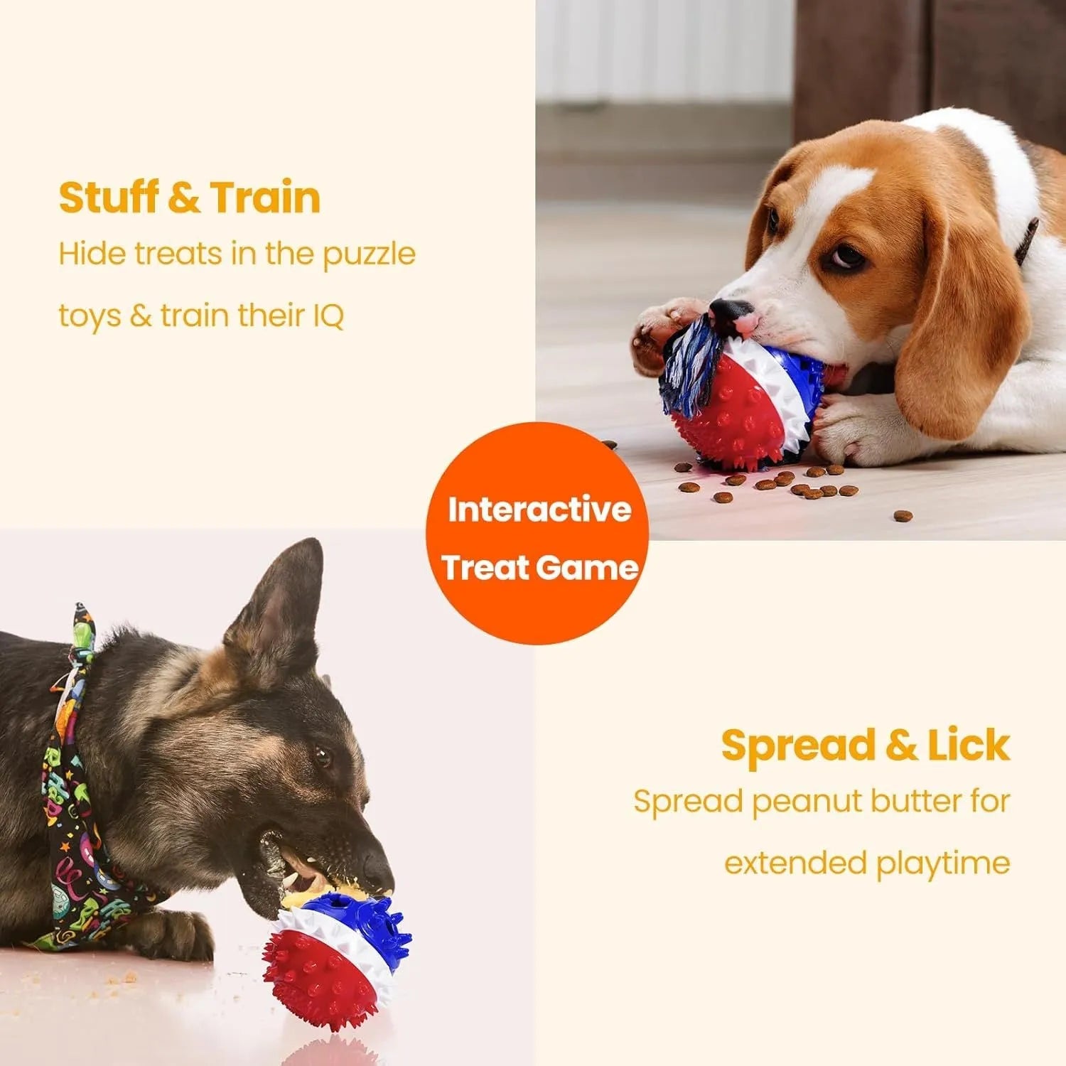 Blue and red ball-shaped dog chew toy with dental bumps and treat dispenser hole