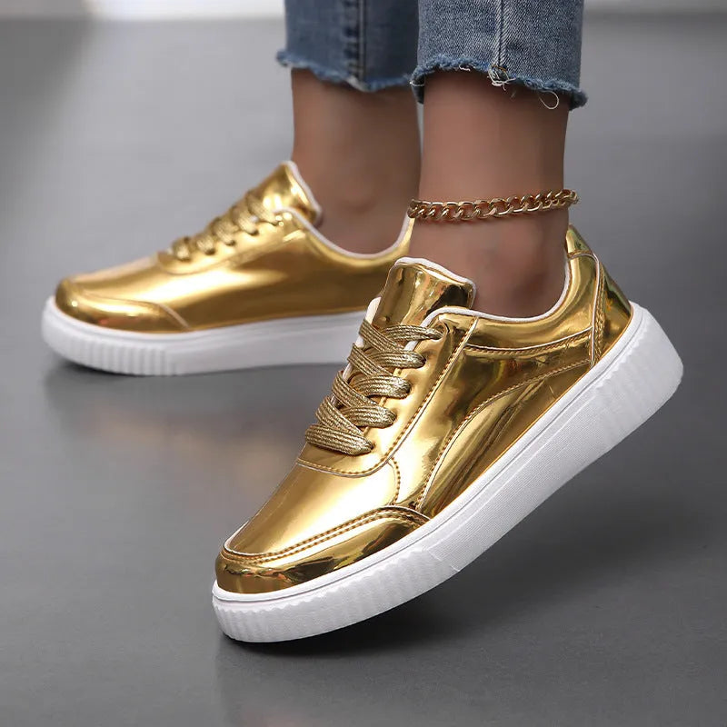 Rose gold sequinned platform sneakers with round toe and thick MD sole