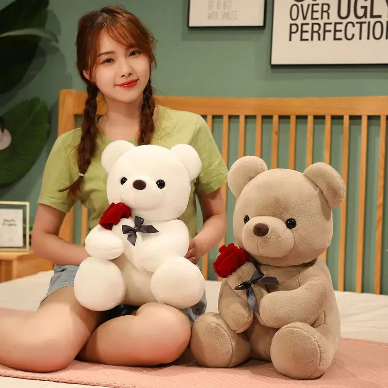 Soft plush Rose Bear teddy bear toy in beige, brown or grey, shown in sizes from 23cm to 45cm.