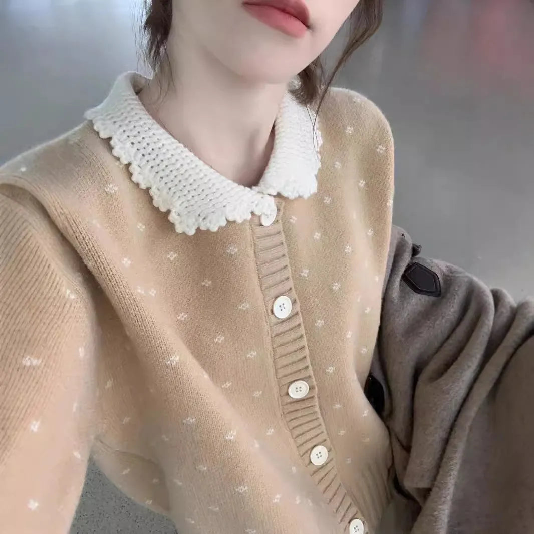 Retro Peter Pan collar floral patterned knitted cardigan coat in navy blue colour