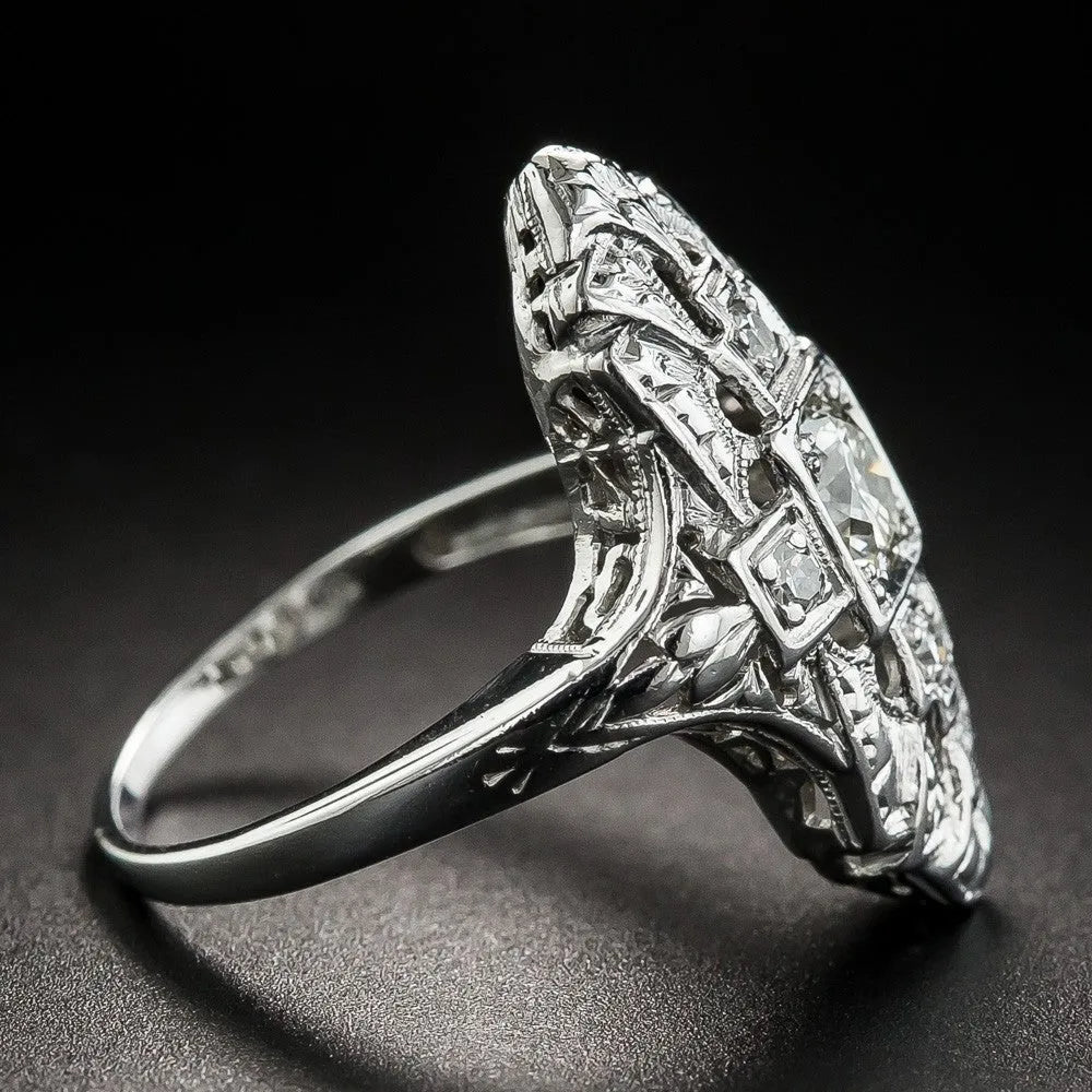 Copper ring with electroplated silver finish, hollow out geometry design and diamond studs