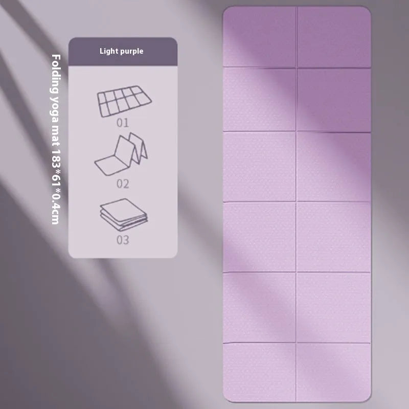 Folded and unfolded purple TPE gym mat showing its six-fold design and non-slip texture.