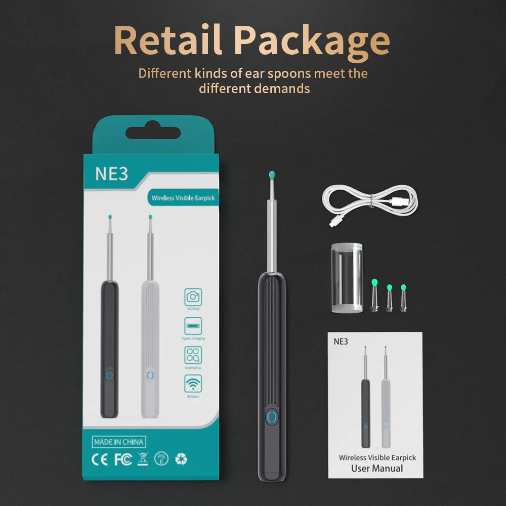 NE3 wireless ear otoscope ear wax removal tool with camera LED light and 360 HD lens