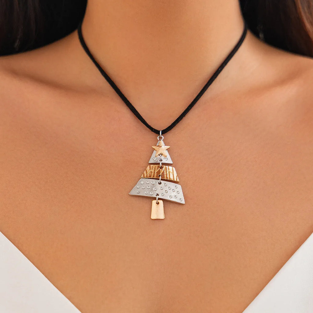 Christmas tree necklace and earrings set with mixed colour alloy drip oil finish on leather wax line cord for women