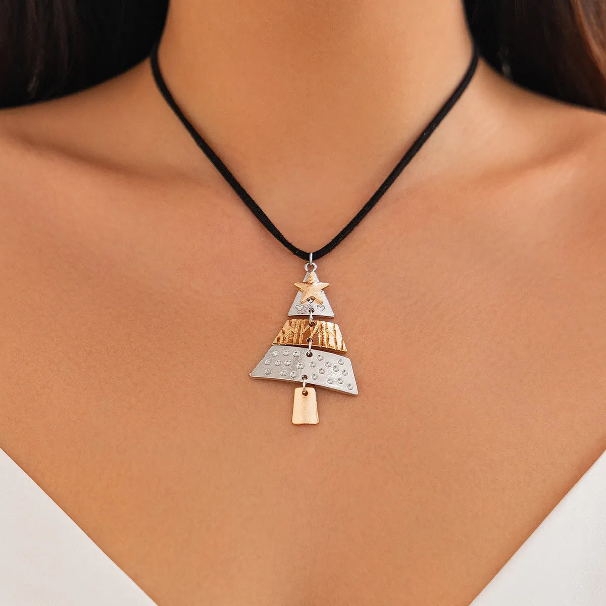 Christmas tree necklace and earrings set with mixed colour alloy drip oil finish on leather wax line cord for women