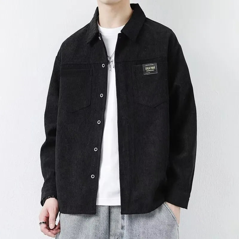 Men's casual long-sleeved corduroy jacket shirt cardigan in black, front view, showing textured fabric