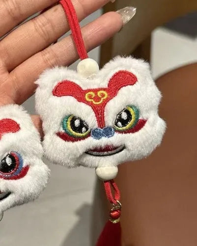 Chinese style blue plush lion keychain ornament with star stone and tassel