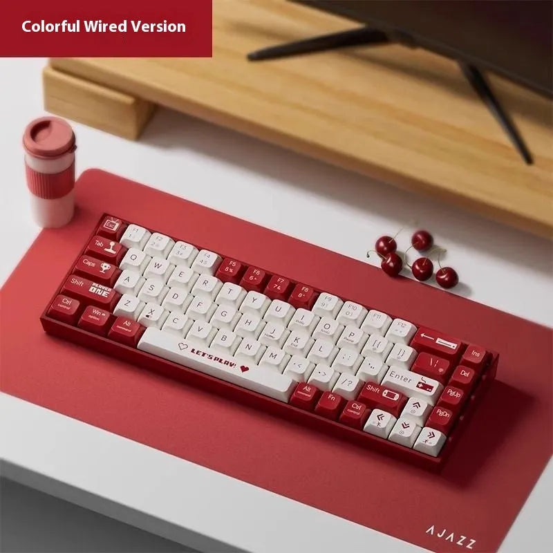 AJAZZ AK680 hot-swappable mechanical gaming keyboard in red and white or purple and white colour scheme.