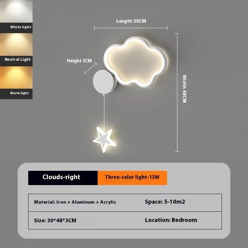 A white cloud-themed children's wall lamp with a left-facing orientation and LED light mounted on a bedroom wall.