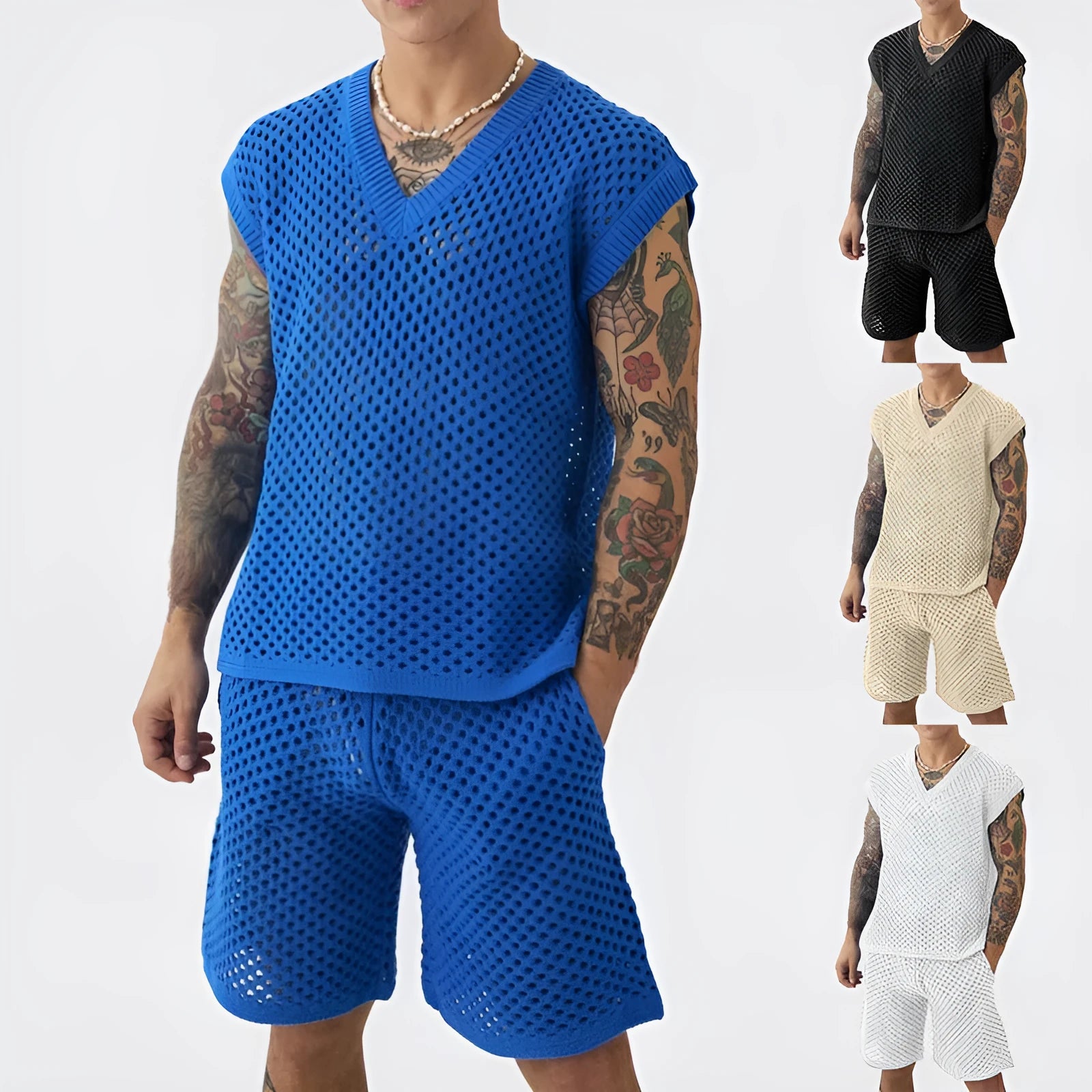 Men's blue V-neck vest and matching shorts summer sports suit