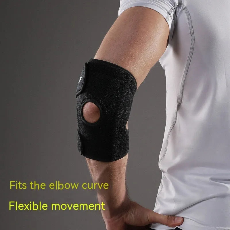 A black adjustable sports elbow guard worn on an arm, suitable for badminton and basketball.