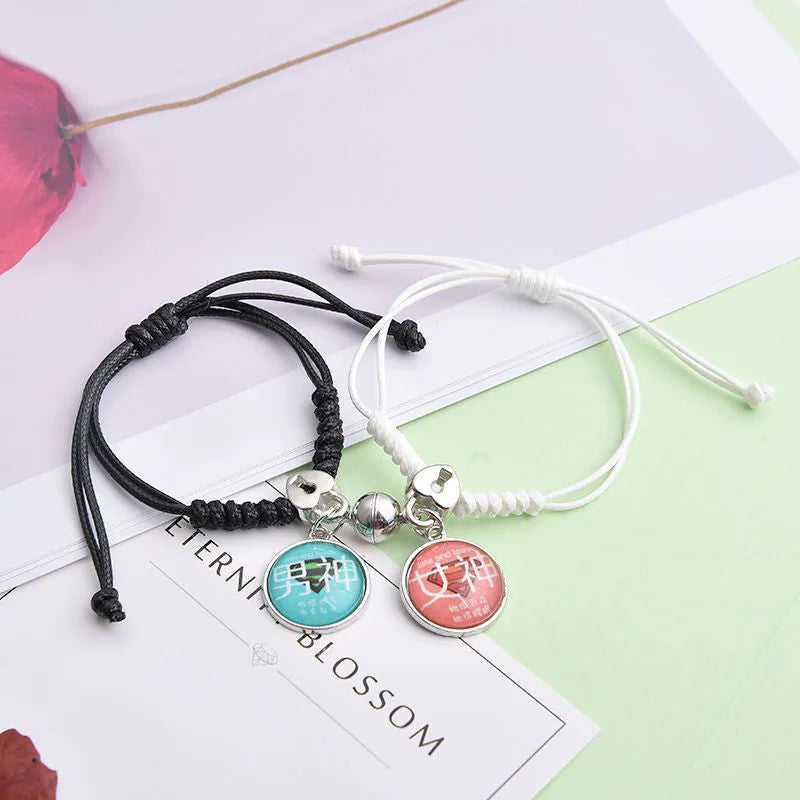 Magnetic couple bracelets with crown and diamond designs in alloy electroplated construction
