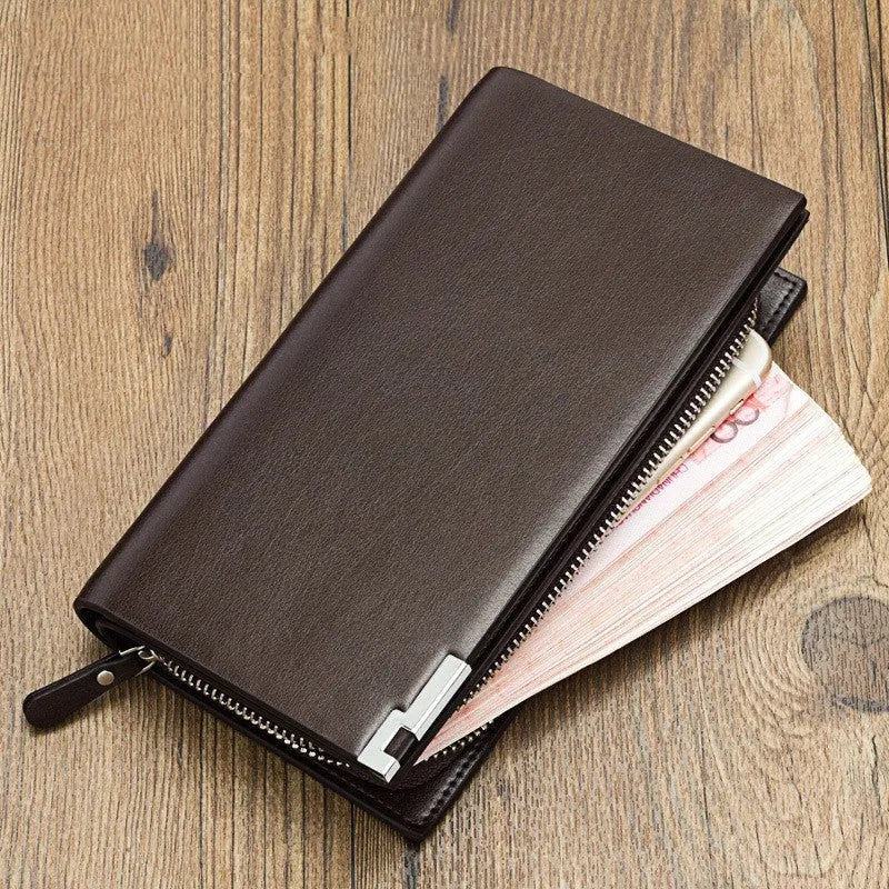 Men's black PU leather wallet with a long silver zipper closure.