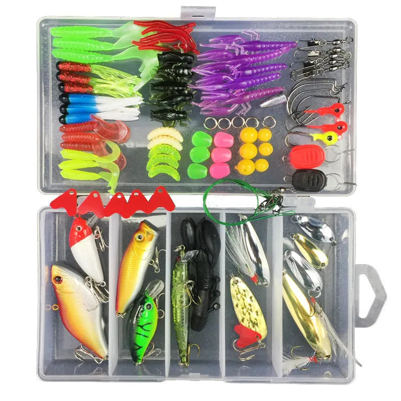 Junior entry-level fishing bait lure suit set in a PP storage box, showing multiple lure types.