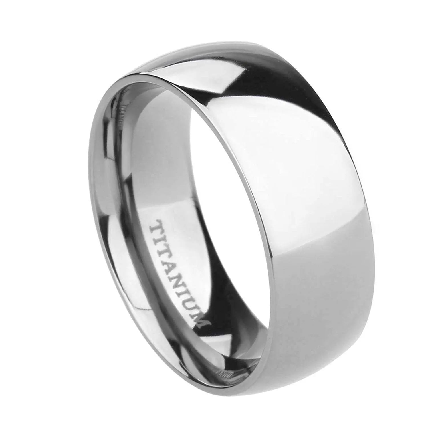 A silver-coloured titanium steel ring shown in a minimalist style on a grey background.