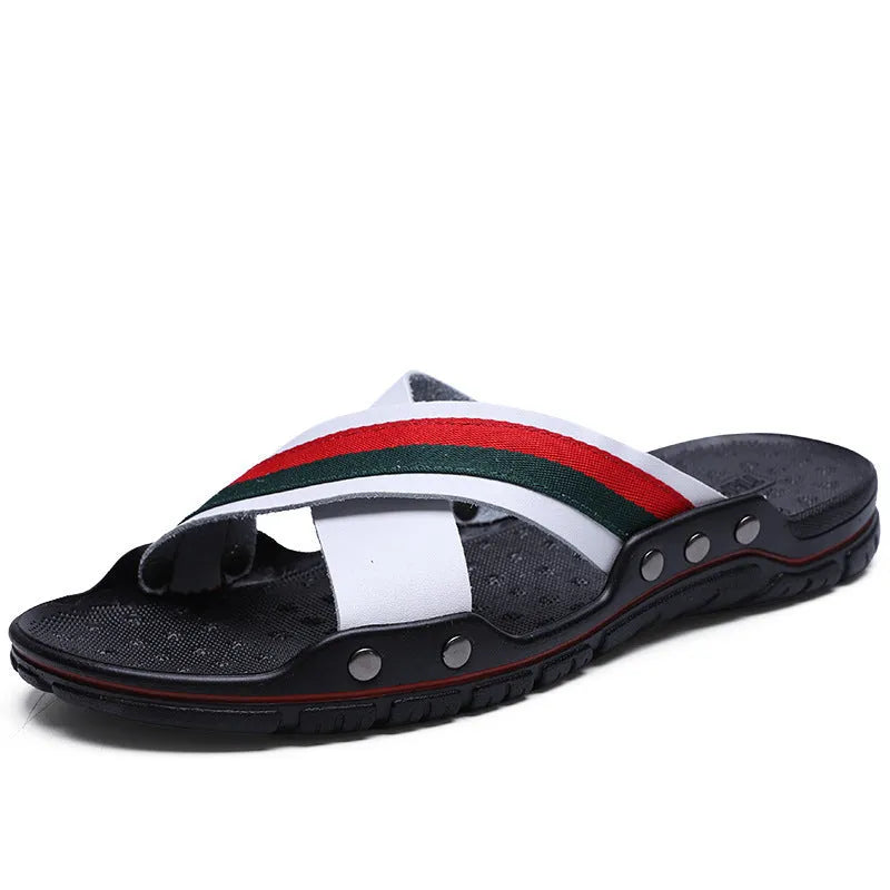 Men's cowhide flip-flops with non-slip PU sole in white, blue, and black colours