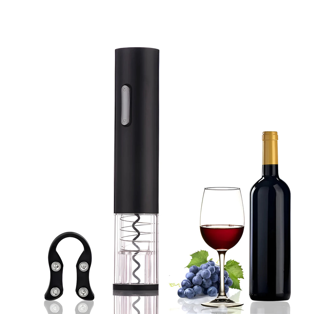 Automatic electric wine bottle opener with foil cutter in black, red, or white.