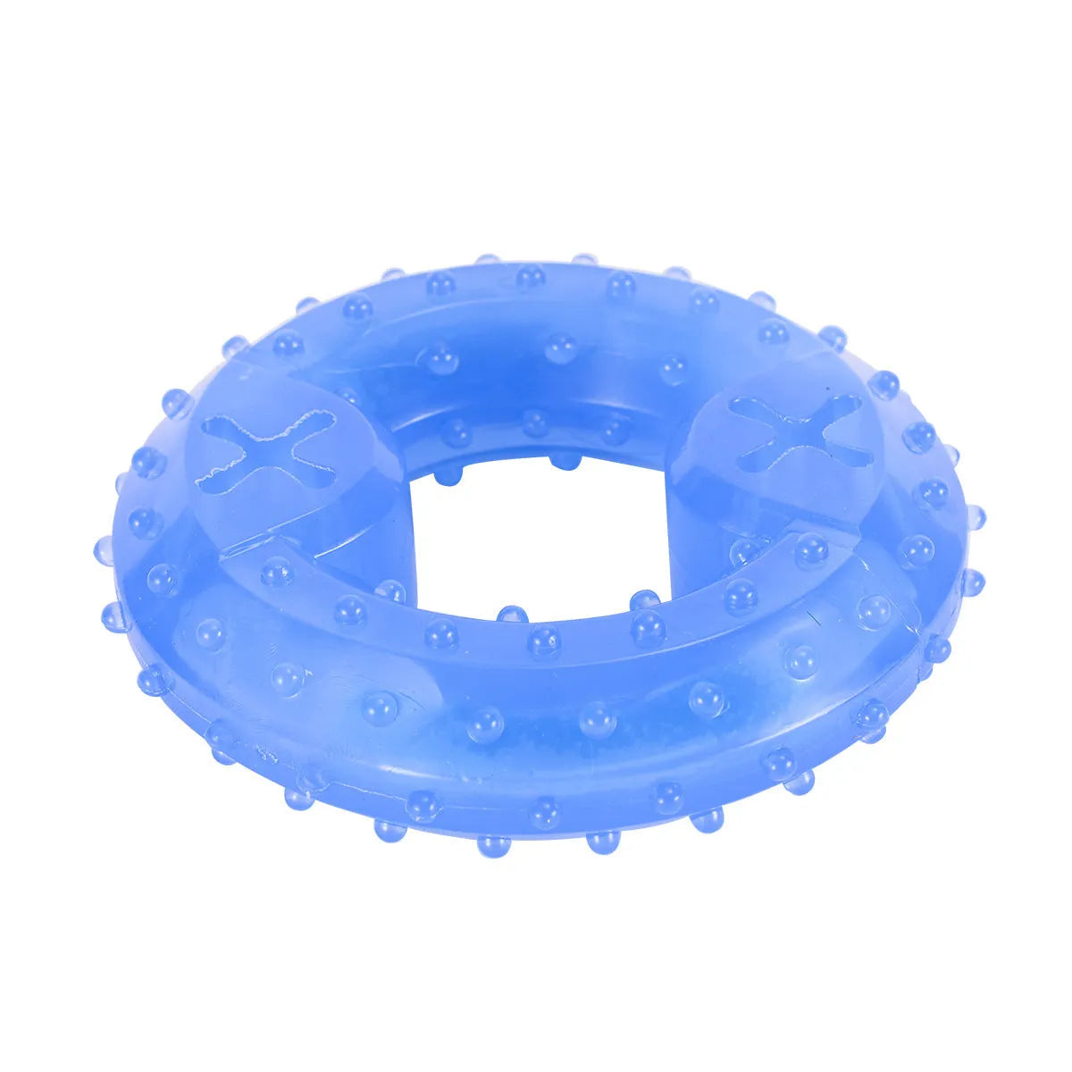 Freezable water-filled dog cooling chew toy in bones and circles designs with treat compartment.
