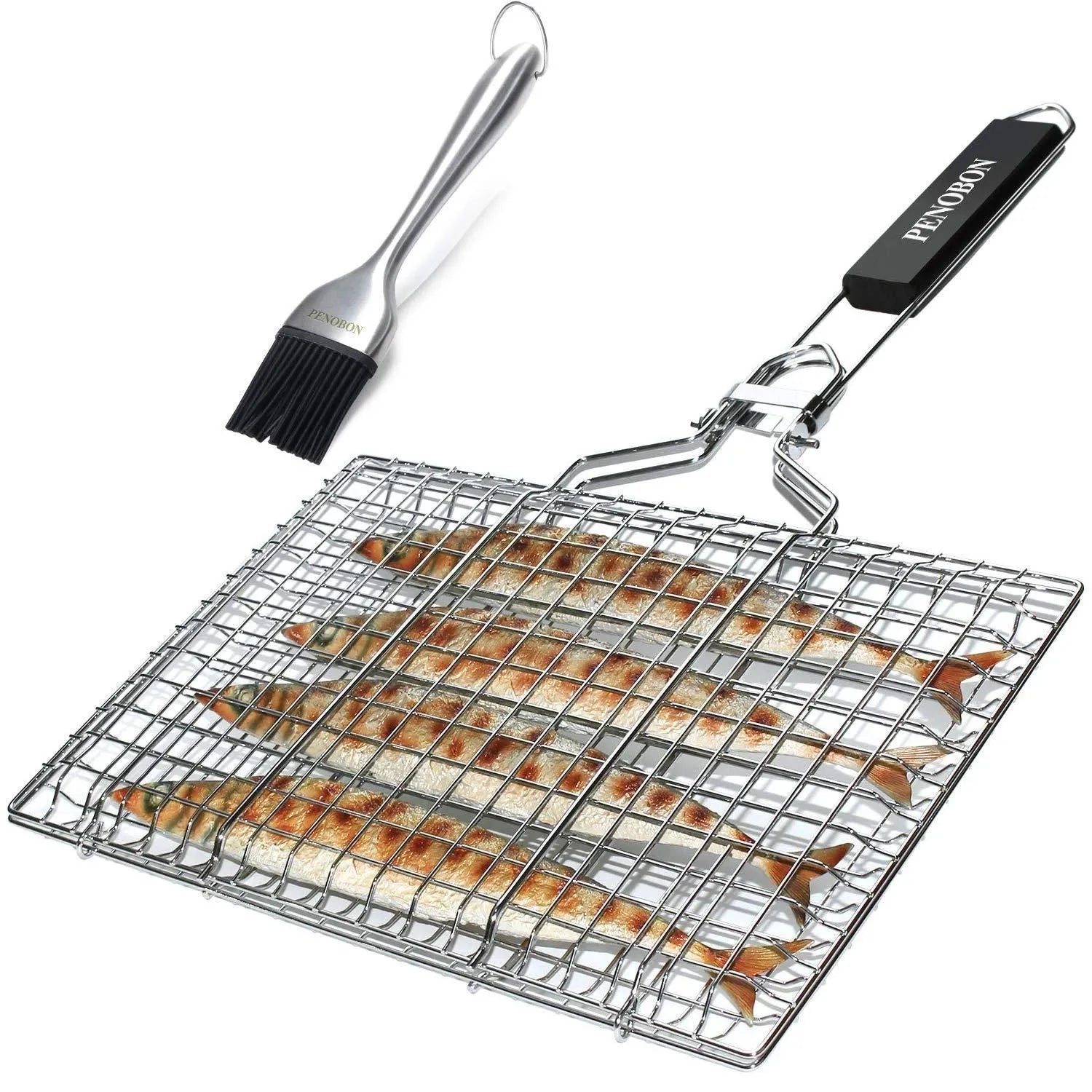 Square stainless steel folding barbecue grill mesh basket with cleaning brush