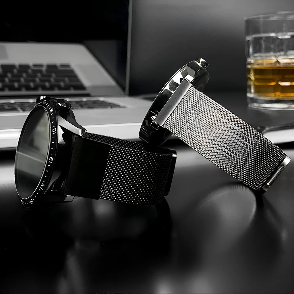 Silver stainless steel card-link watch strap for Garmin Fenix watches on a grey background.