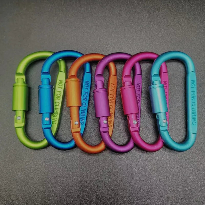 Aluminium D-type locking carabiner showing 8cm flat measurement in various colour options