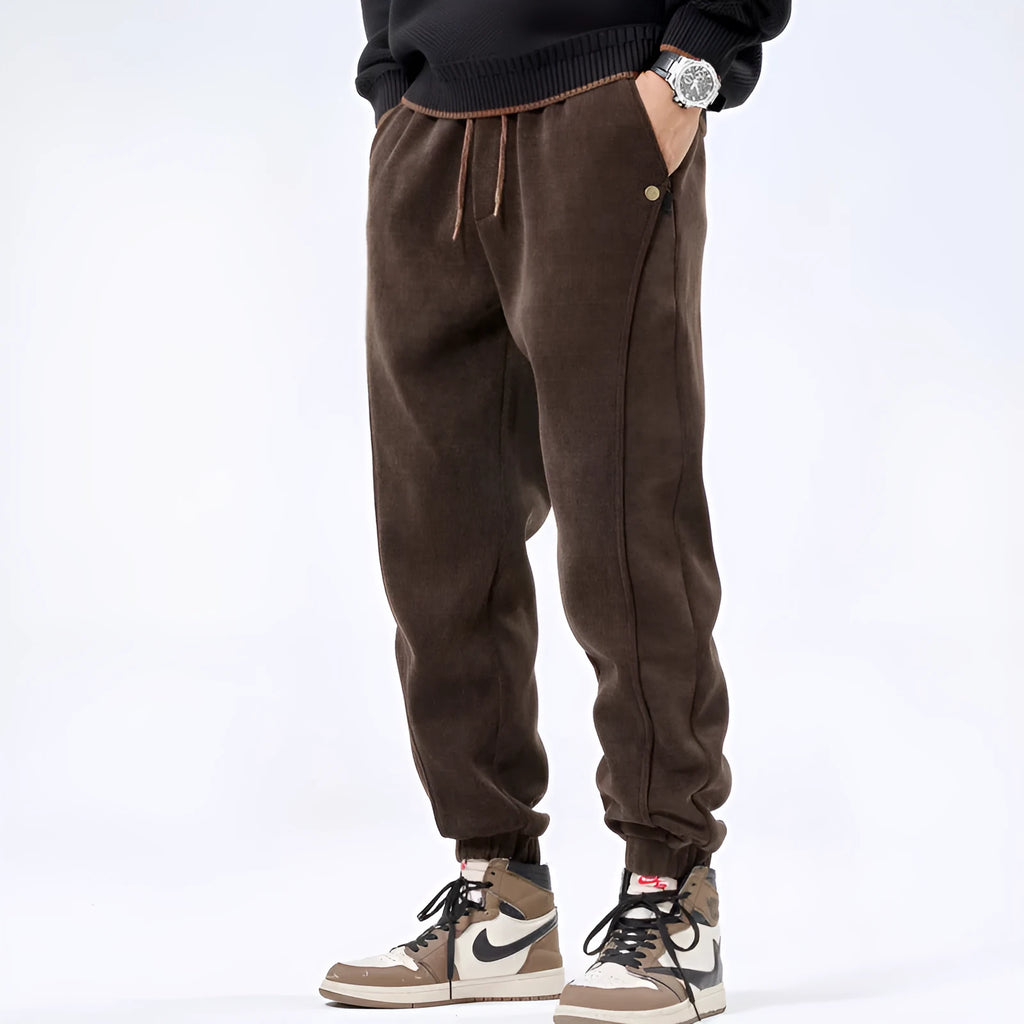 Men's corduroy ankle-tie casual sports pants, retro Japanese style, polyester, solid colour