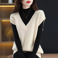 Creamy-white knitted sleeveless vest with 3D pattern and V-neck on a hanger
