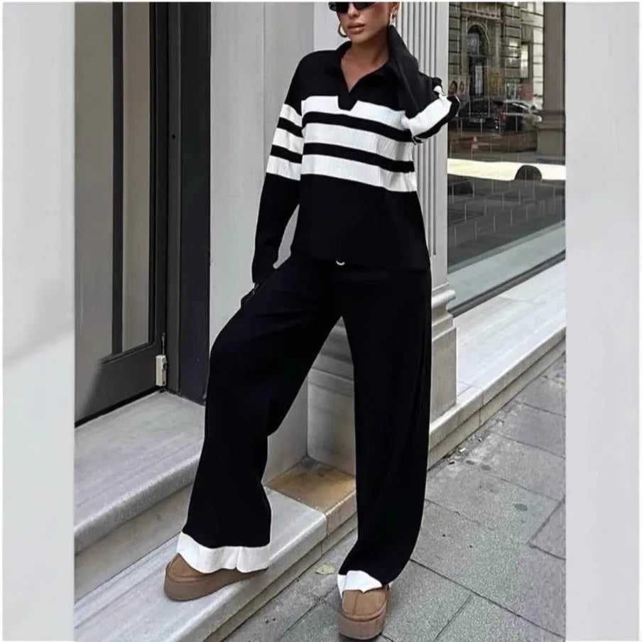 Women's black and white striped knitted polo collar two-piece set with long sleeve top and trousers