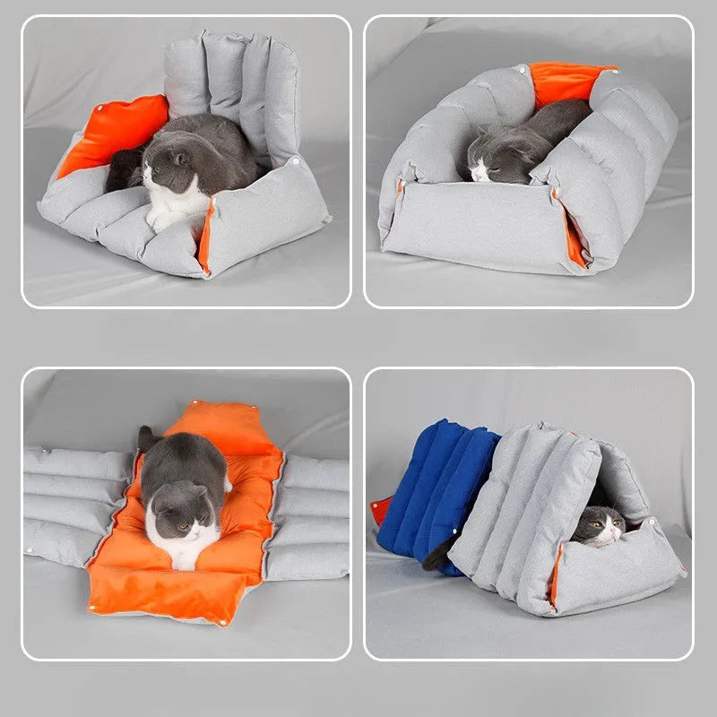 Blue triangular sofa-style cat bed with visible drill holes on the sides for connection.