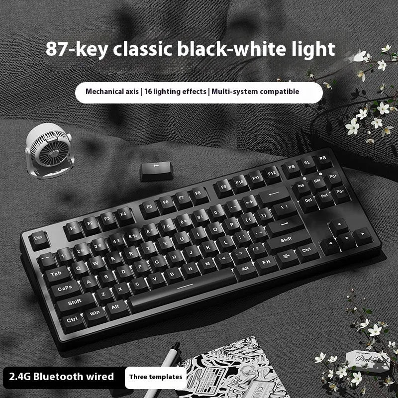 Triple-mode mechanical keyboard in various colour options showing 87-key and 108-key layouts