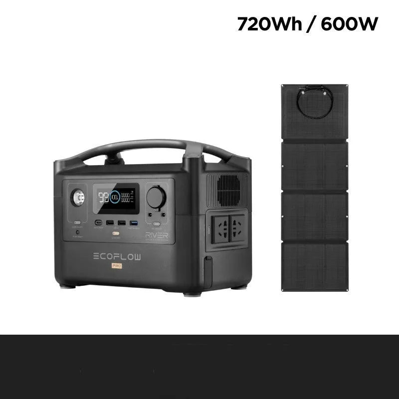 RIVER Pro 720Wh portable power station with multiple charging ports on a wooden table.