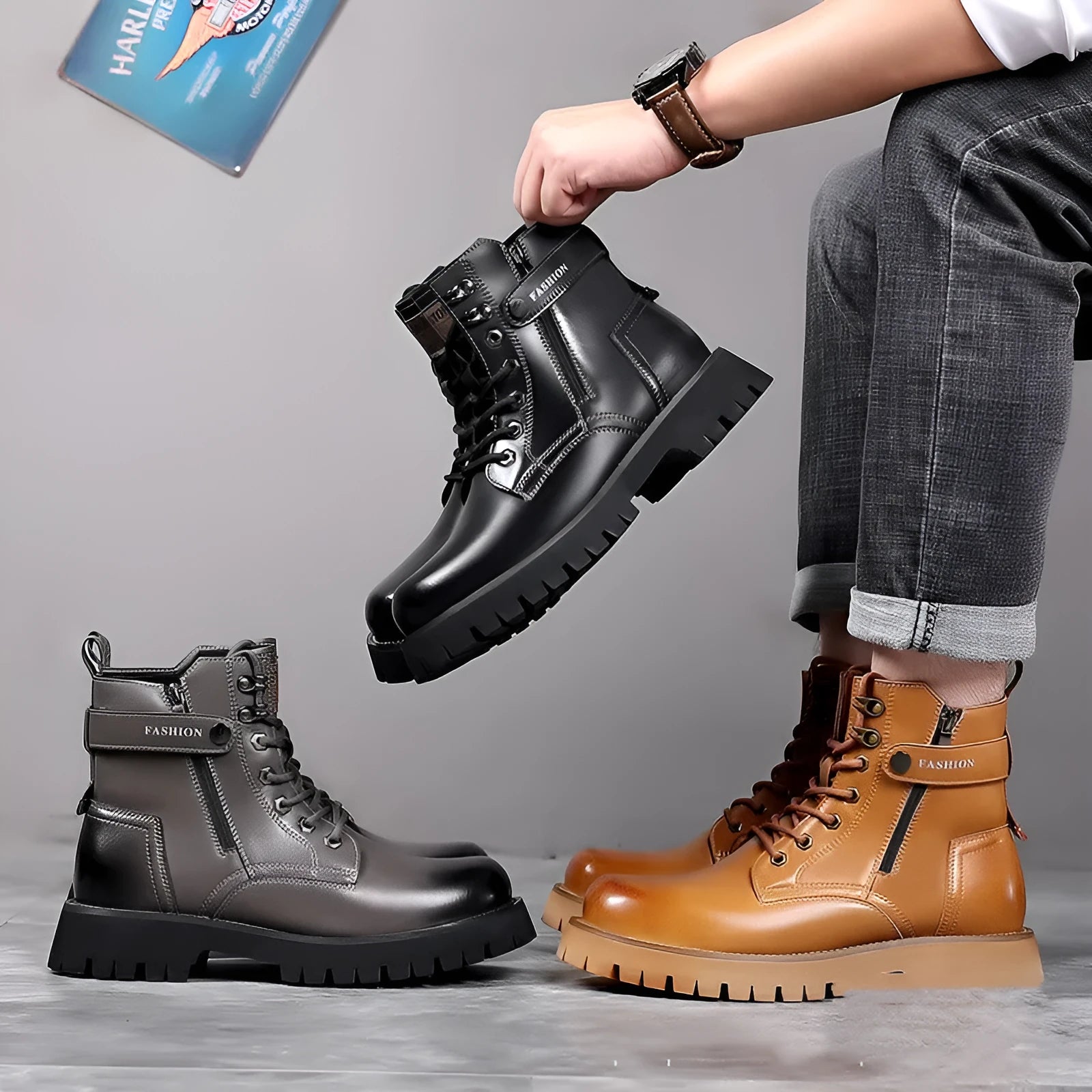 Men's light brown high-top Martin boots with side zipper and thick rubber sole