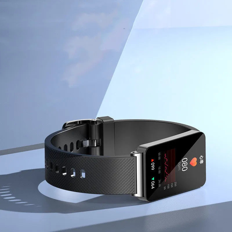 Blood Glucose EP08 Smart Bracelet in black, gold, or silver with TPU strap and touch screen.