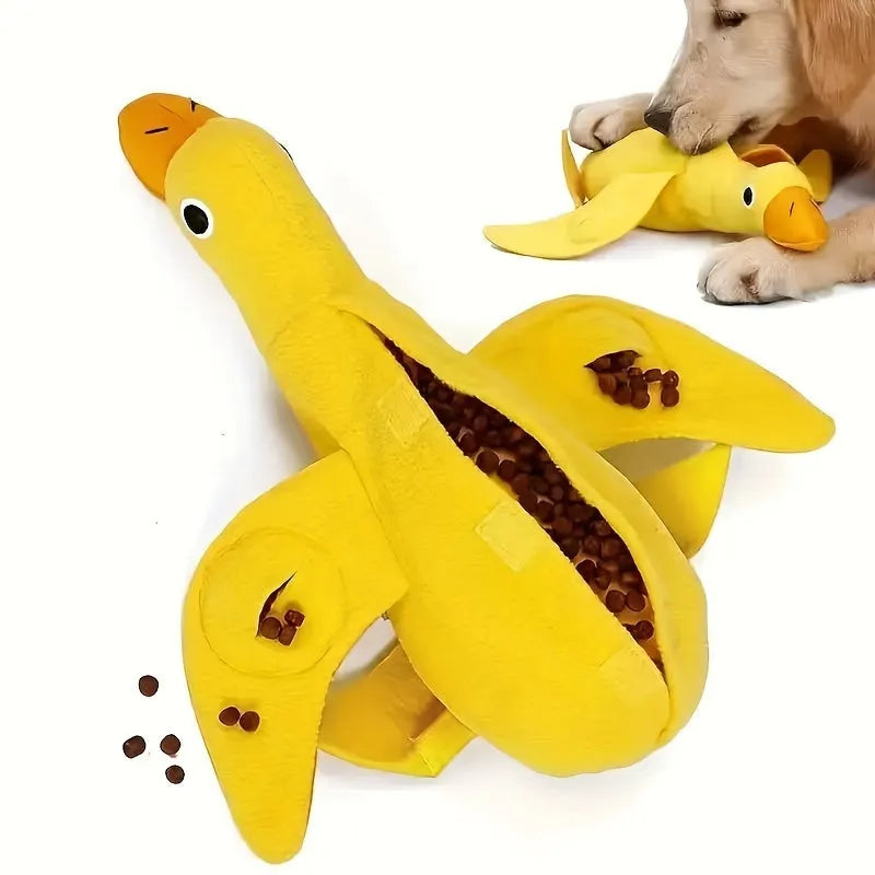 Yellow teddy pet toy with attached duck doll and built-in dog sound mechanism