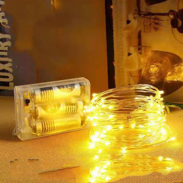12 metre copper wire LED string lights with battery box and USB power option in various colours