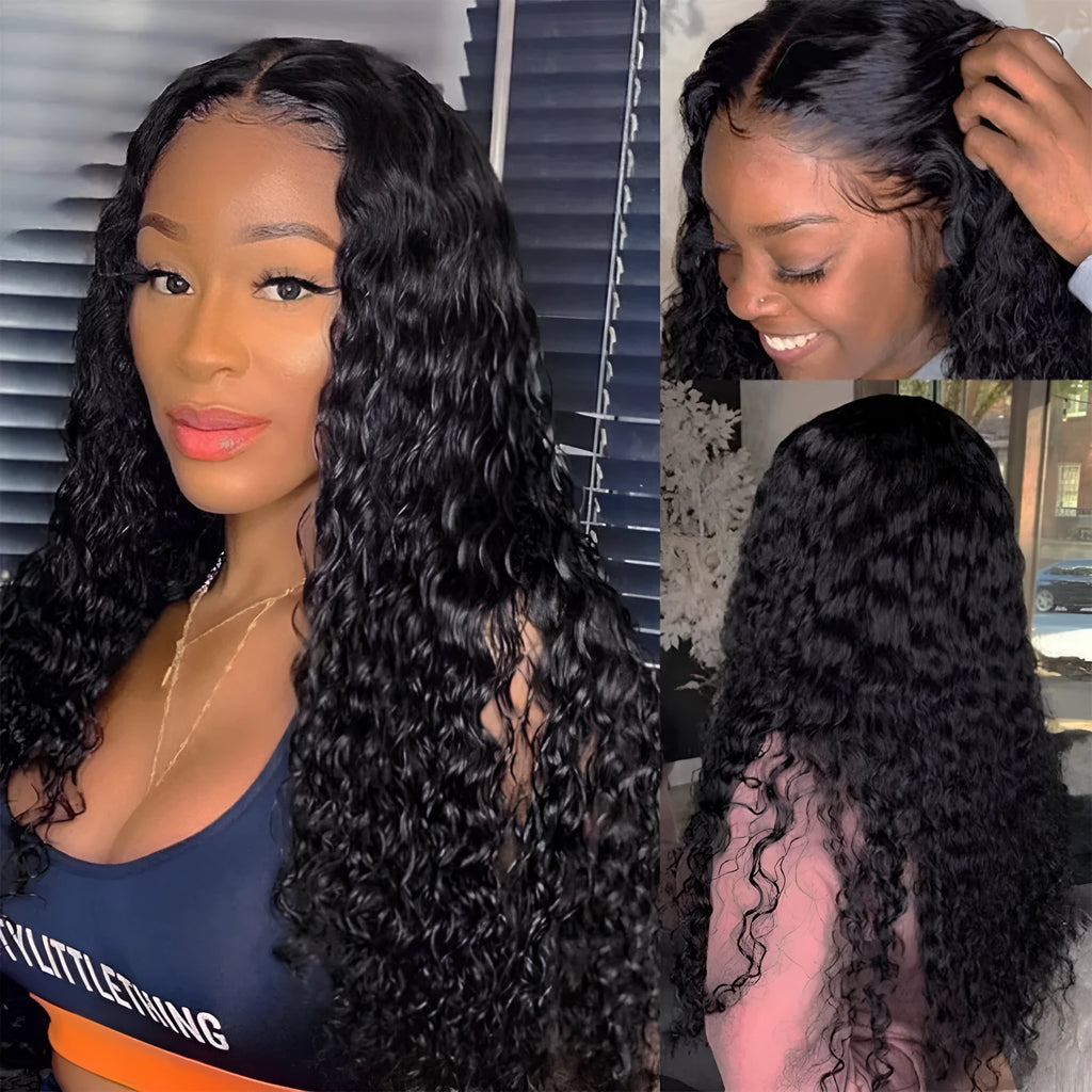 Curly human hair lace front wig on a stand, showing 13x4 lace and long length.