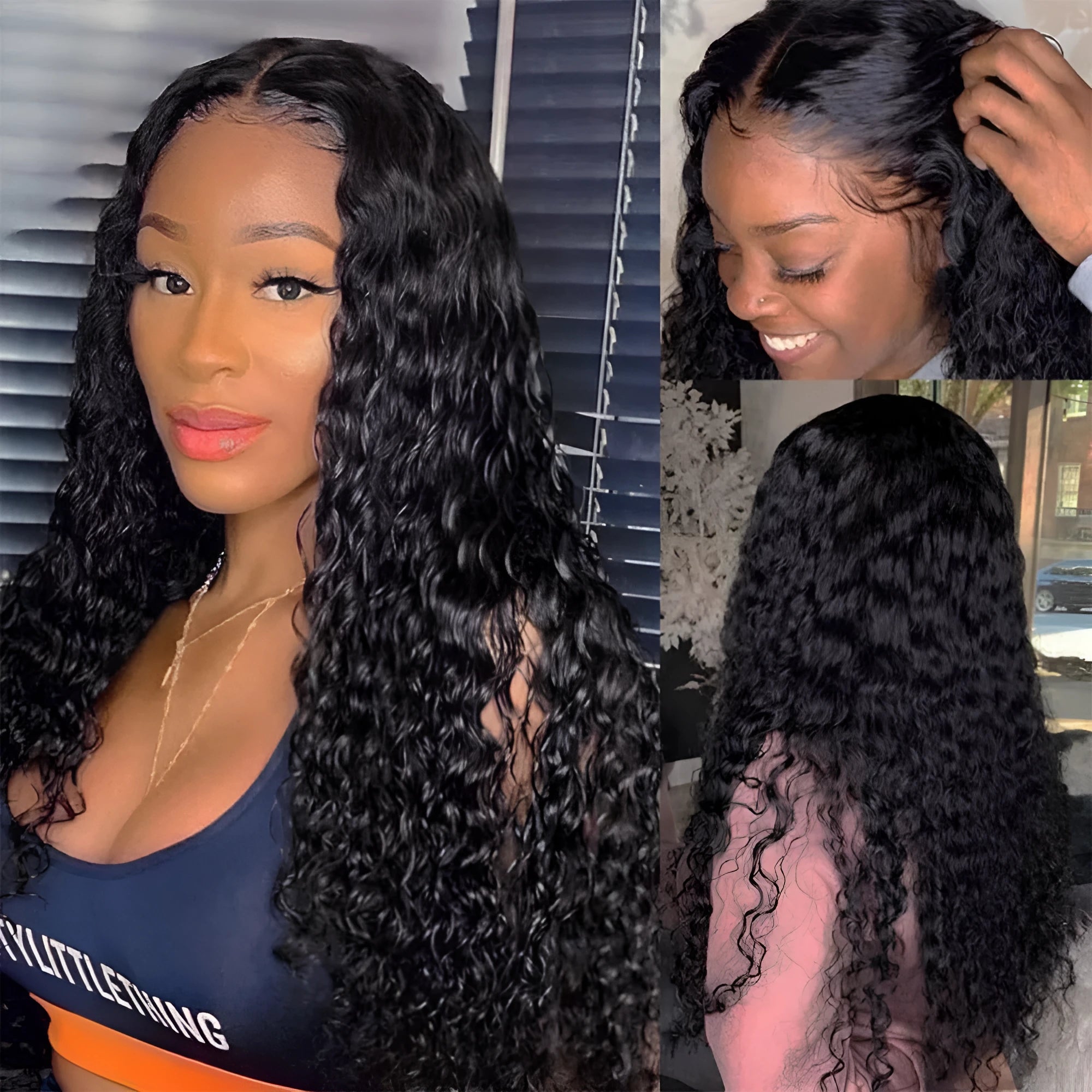 Curly human hair lace front wig on a stand, showing 13x4 lace and long length.